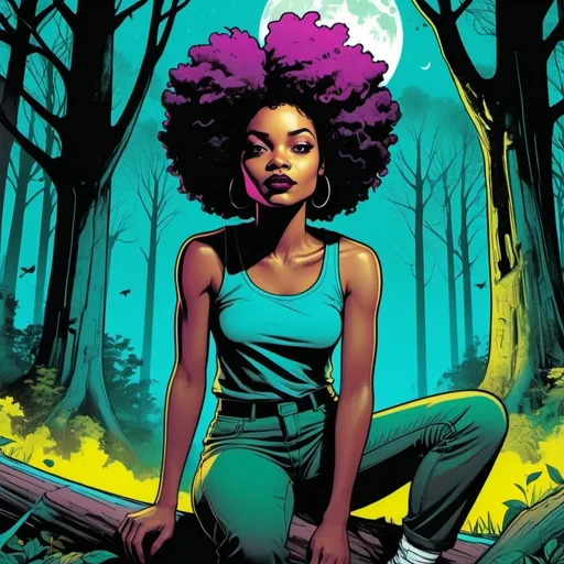 Prompt: detailed, dark colors, dramatic, graphic novel illustration, 2d shaded retro comic book, combined with Graffiti, magenta and cyan, gradient background,  whites and yellows, grave yard, lush forestry rich light and dark greens, tree canopy, moonlight shining down, stylish smirking young black woman and short natural afro hair, sitting in woods. 