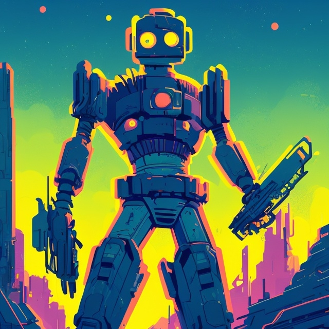 Prompt: Retro futurism 2d style, smooth lines, full body view of gaunt humanoid robot, detailed, primary color hues, post-apocalyptic, plants overtaking ruins, bright tones, dynamic lighting, retro-futurism, comic style, dynamic lighting, unique concept, atmospheric, SFW