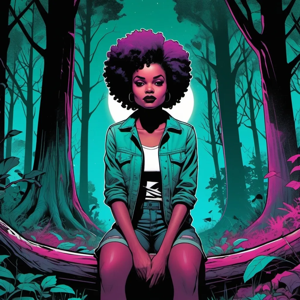 Prompt: detailed, dark colors, dramatic, graphic novel illustration, 2d shaded retro comic book, combined with Graffiti, magenta and cyan, gradient background,  whites and yellows, grave yard, lush forestry rich light and dark greens, tree canopy, moonlight shining down, stylish smirking young black woman and short natural afro hair, sitting in woods. 