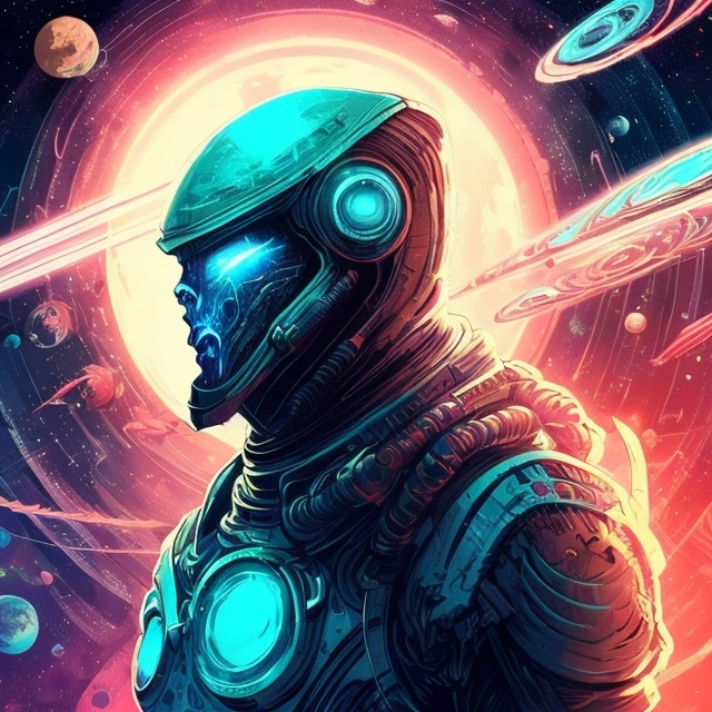 Prompt: Retro futurism style, gaunt humanoid with exaggerated proportions in a spacesuit, heavily detailed, unique universe, concept art, primary color hues, magical world, bright uplifting tones, dynamic lighting, professional, highres, ultra-detailed, retro-futurism, comic style, dynamic lighting, unique concept, misc-grunge, detailed feathers, atmospheric clouds,