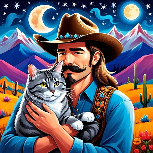 Prompt: A long-haired cowboy with a mustache and a cowboy hat, nuzzling a very fat Grey tabby cat. The background is a moonlit night skyline of mountains. painted in a vibrant Mexican folk style, with big brushstrokes
