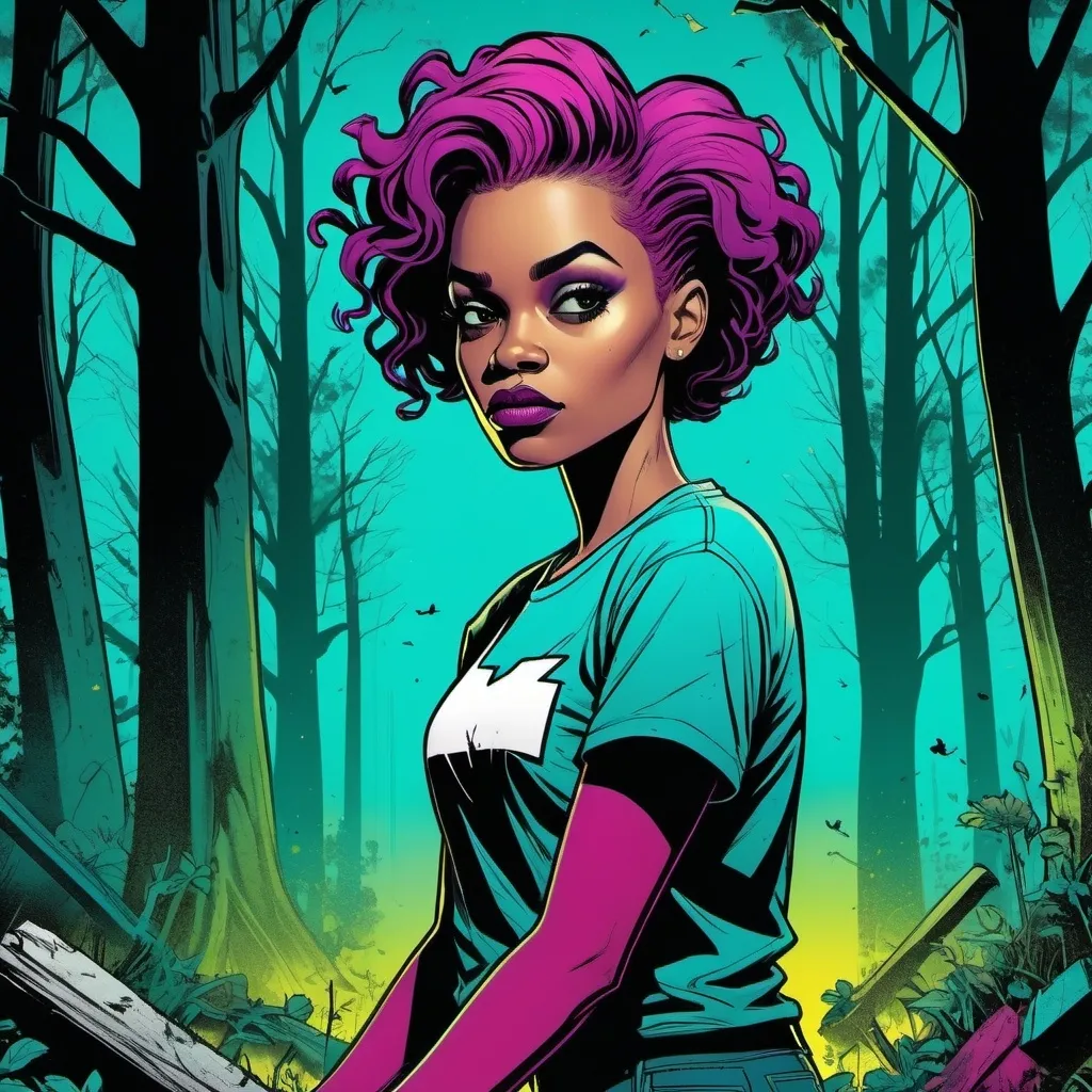 Prompt: detailed, dark colors, dramatic, graphic novel illustration, 2d shaded retro comic book, combined with Graffiti, magenta and cyan, gradient background,  whites and yellows, grave yard, lush forestry rich light and dark greens, tree canopy, moonlight shining down, stylish friendly young black woman with expressive face and very short messy punk hair and thick eyebrows, crouching in woods. 