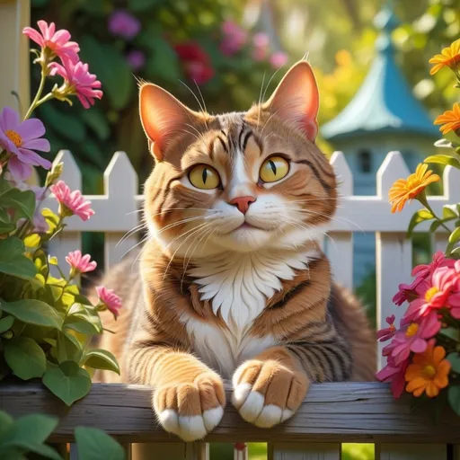 Prompt: Disney style tabby cat resting outside, vibrant colors, sunny