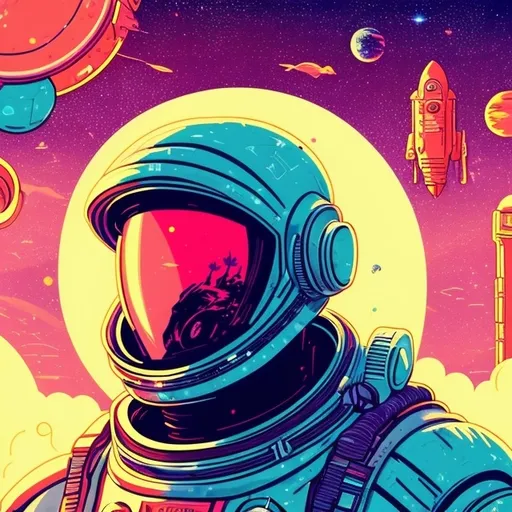 Prompt: Retro futurism styled being in a spacesuit, heavily detailed, unique universe, concept art, primary color hues, magical world, bright uplifting tones, dynamic lighting, professional, highres, ultra-detailed, retro-futurism, comic style, dynamic lighting, unique concept, misc-grunge, detailed feathers, atmospheric clouds,