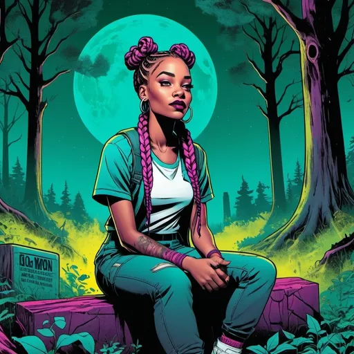 Prompt: detailed, dark colors, dramatic, graphic novel illustration, 2d shaded retro comic book, combined with Graffiti, magenta and cyan, gradient background,  whites and yellows, grave yard, lush forestry rich light and dark greens, tree canopy, moonlight shining down, stylish smirking young black woman with box braids, sitting in woods. 