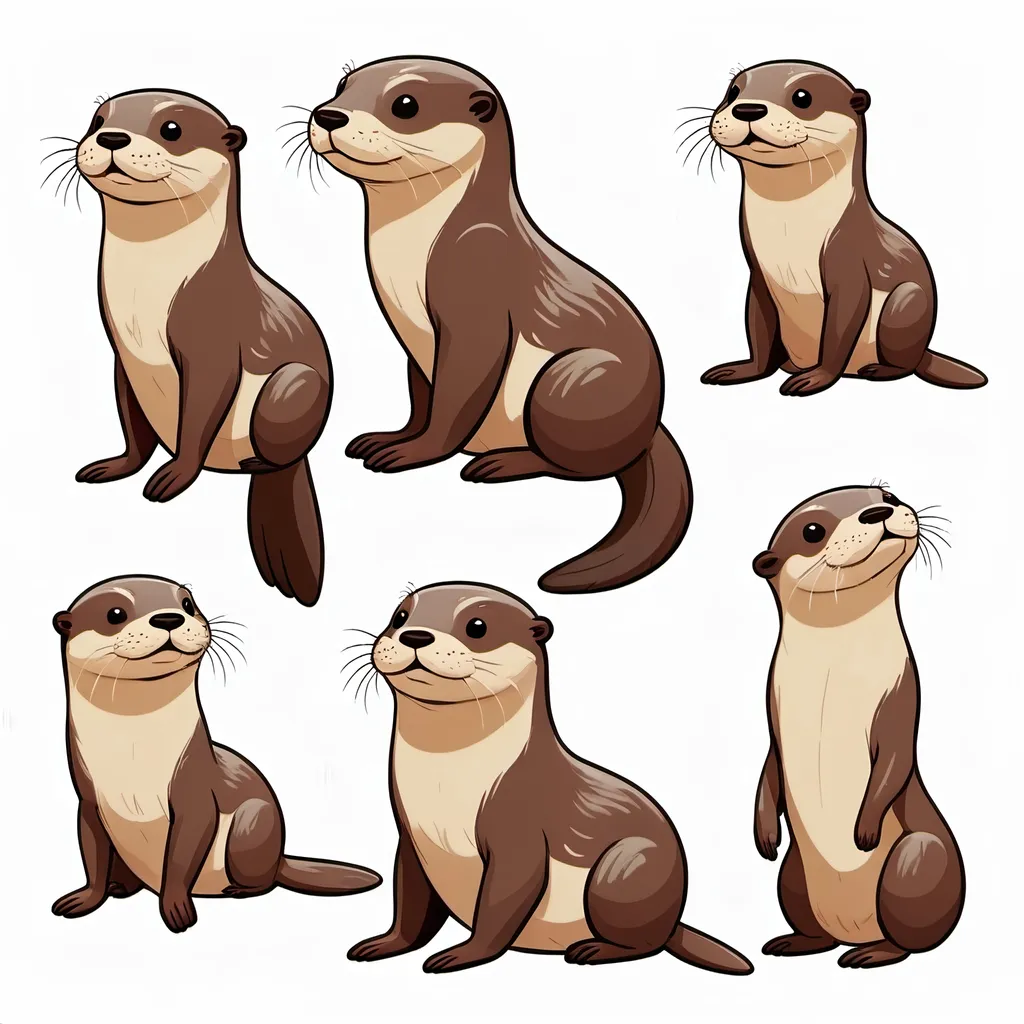 Prompt: (2D) otters in different poses, white background, children’s book illustration,  realistic, flat design, minimalist style, limited to 4 colors, playful expressions, thin outlines, cheerful ambiance, delightful and engaging, nostalgic and vintage feeling, HD quality.