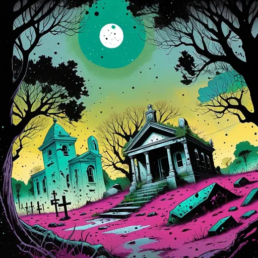 Prompt: detailed, dark colors, dramatic, graphic novel illustration,  2d shaded retro comic book, combined with Graffiti, splatter painting of creature crawling, magenta and cyan gradient background, small black dots creeping whites and yellows, grave yard, lush forestry rich light and dark greens, tree canopy, moonlight shining down,