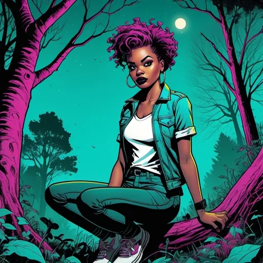 Prompt: detailed, dark colors, dramatic, graphic novel illustration, 2d shaded retro comic book, combined with Graffiti, magenta and cyan, gradient background,  whites and yellows, grave yard, lush forestry rich light and dark greens, tree canopy, moonlight shining down, stylish friendly young black woman with expressive face and very short messy punk hair and thick eyebrows, crouching in woods. 