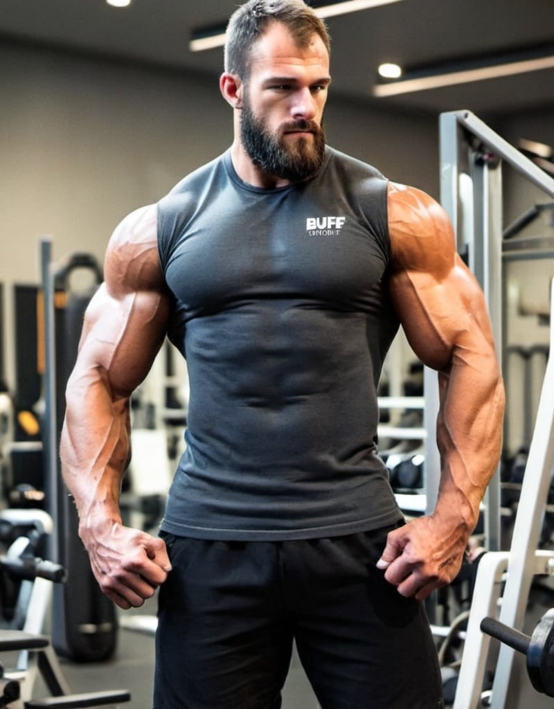 Buff muscular man in a gym showing off his arms.