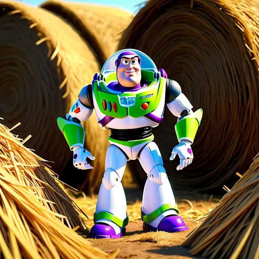 Prompt: Buzz Lightyear searching in a haystack, 3D animation, haystack details, high quality, animated, vibrant colors, comedic style, sunlit setting, dynamic pose, detailed facial expression, cartoonish, exaggerated proportions