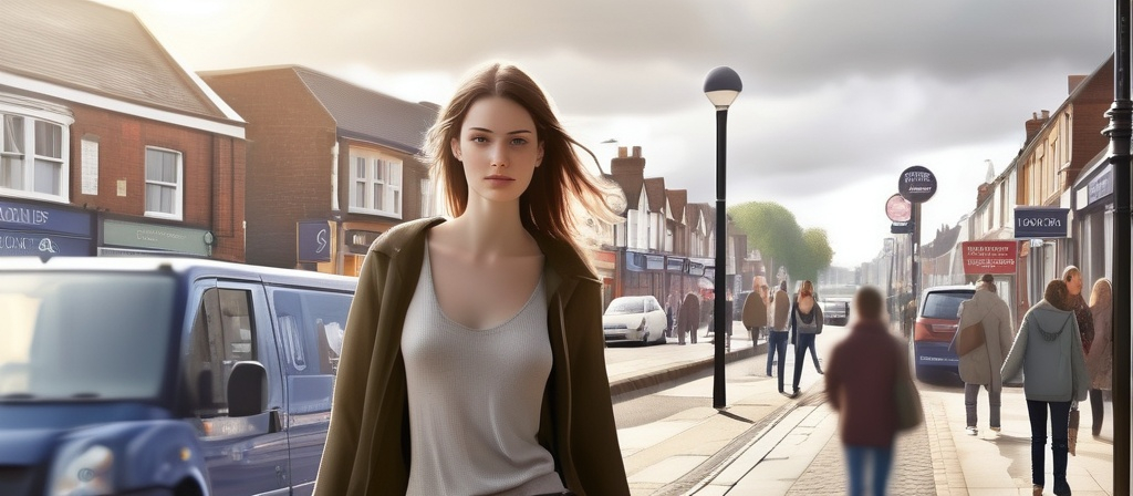 Prompt: Tall young woman walking down the high street, detailed clothing, realistic, natural lighting