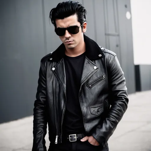 Prompt: bad boy, black hair, badass, leather jacket, Ray-Bann sunglasses