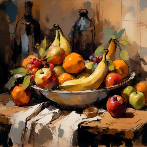 Prompt: <mymodel>(bowl of fruit), vibrant and colorful composition, fresh apples, bananas, and oranges, mixed textures of glossy skins, soft lighting creating appealing shadows, artistically arranged with a rustic wooden table background, warm tones to evoke a cozy ambiance, ultra-detailed and HD quality for a visual feast