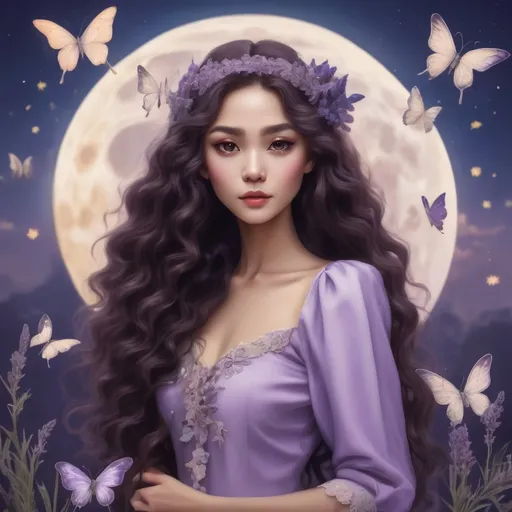 Prompt: Filipina slim Lady with curly long hair with lavender butterflies and moon in the background. Front view and fairy accessories