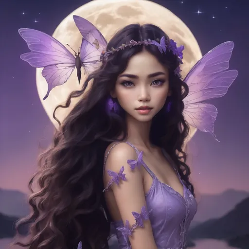 Prompt: Cool filipina fairy look like, slim with long curly hair with lavender butteryflies. moon background, no clevage showing