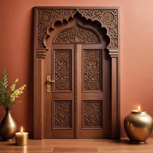 Prompt: Generate a Vastu Puja ceremony invitation featuring a modern wooden door with intricate designs, including text: 'You're Invited! Vastu Puja Ceremony. Date: [Insert Date]. Time: [Insert Time]. Address: [Insert Address].'