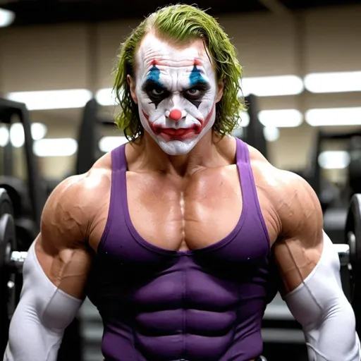 Prompt: the joker from batman is a bodybuilder champion