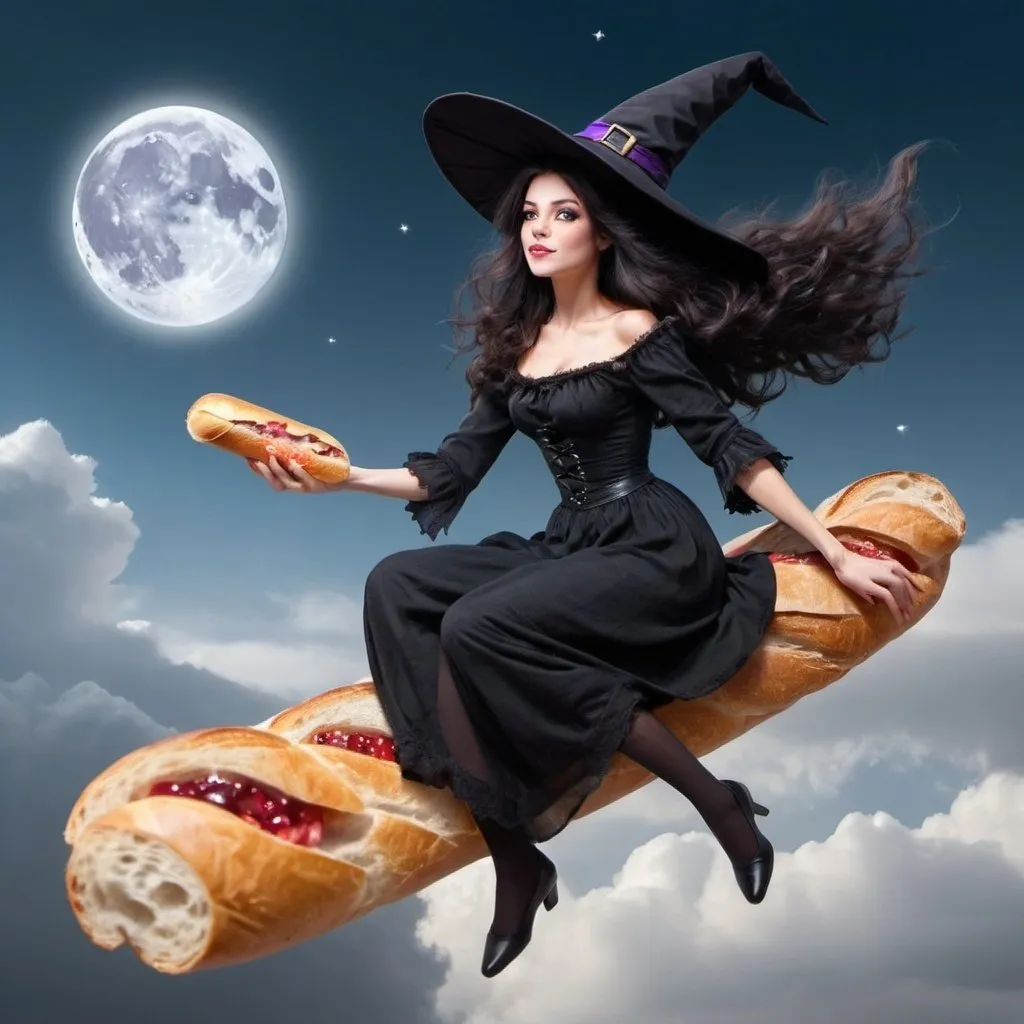 Prompt: a beautiful witch with dark hair fly in the sky on a french baguette