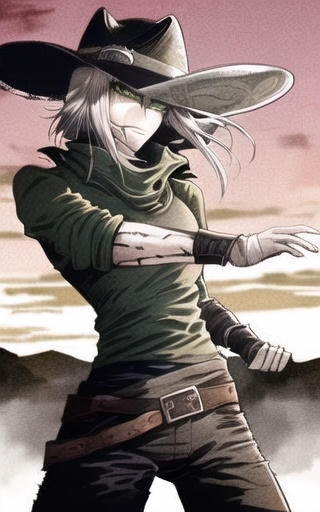 Prompt: (female), (short silver hair), (green eyes), (pink shirt) wearing a cowboy hat, powerful stance, dynamic pose, rugged aesthetic, warm sunset lighting, dramatic shadows, earthy tones, emphasizing strength and confidence, stylish western attire, high-quality, ultra-detailed, cinematic atmosphere