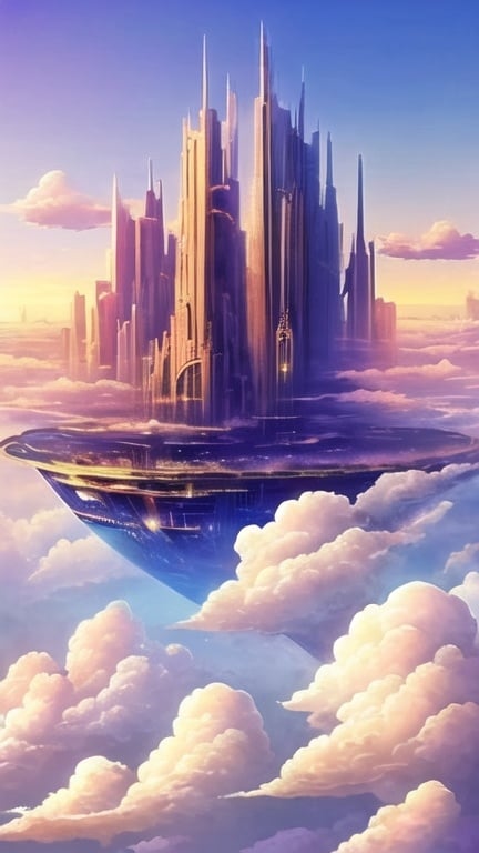 Prompt: City in the Clouds: Towers and buildings floating on the clouds.