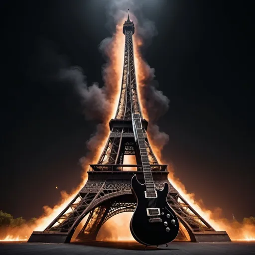 Prompt: The falling Eiffel Tower in @ a black guitar designed by Guitar. Persian official