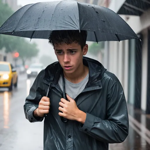 Prompt: young man getting caught in the rain with no umbrella
