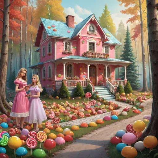 Prompt: A home in the woods with a garden full of candies and two Russian women in the driveway.