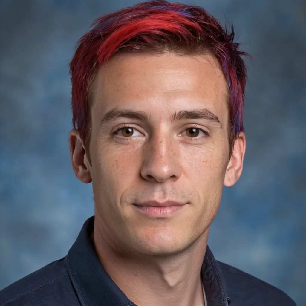 Prompt: an American french male with red and blue hair. Make him 50 years old. Yearbook image