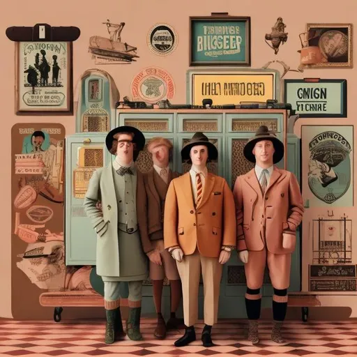 Prompt: Wes Anderson style illustration of the three stooges, retro color palette, whimsical and symmetrical composition, vintage wardrobe and props, quirky facial expressions, detailed hand-drawn textures, high quality, detailed, vintage, whimsical, symmetrical, retro color palette, quirky, hand-drawn, detailed textures, professional, vintage wardrobe, playful composition, artistic lighting