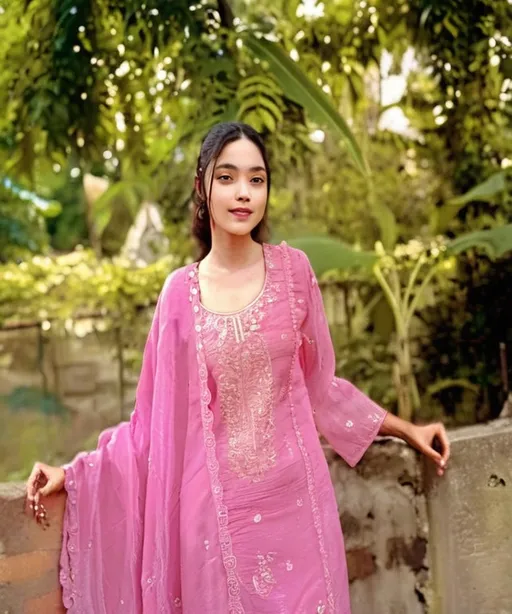 Prompt: Amidst a lush green backdrop, a young woman stands gracefully, draped in an elegant pink outfit adorned with intricate embroidery and delicate embellishments. Her tranquil expression, complemented by soft makeup, radiates confidence as she leans slightly against a rustic stone wall, her long sleeves flowing gently with the breeze. The dappled sunlight filters through the foliage, highlighting the vibrant colors and lending a serene ambiance to the scene, which captures the essence of a warm, inviting afternoon in nature. The overall composition draws the eye to both her poised demeanor and the richness of the surrounding greenery, evoking a sense of harmony and beauty in simplicity.