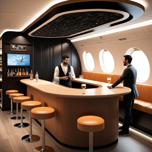Prompt: Create a prototype design of a modern plane and inside of the plane, there is a bar with a bartender standing behind serving drinks to guests. Have some guests standing at the bar facing the bartender. Have some guests standing at small round standing tables socializing with one another.  Have several tables around this standing area. NO SEATING ALL STANDING

