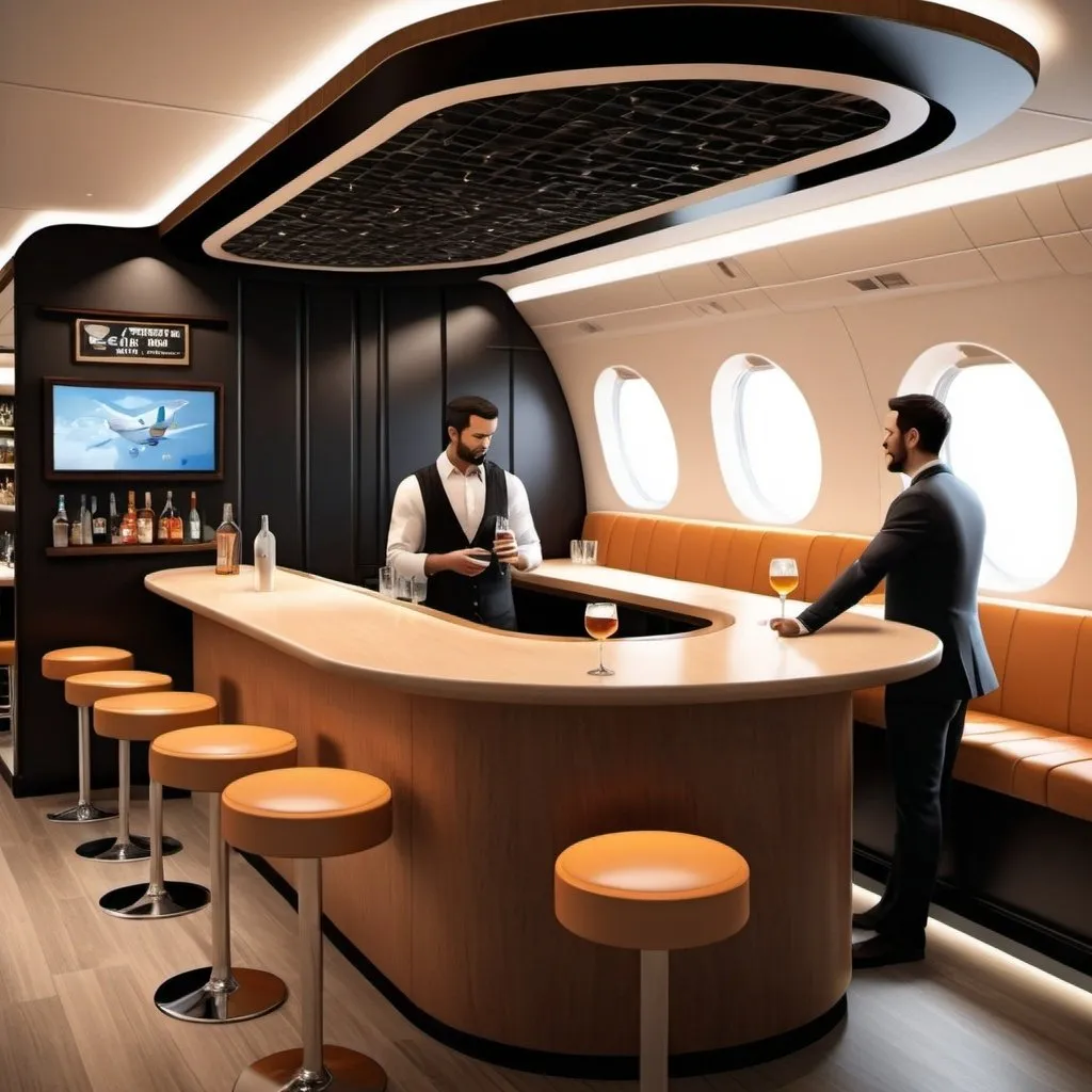 Prompt: Create a prototype design of a modern plane and inside of the plane, there is a bar with a bartender standing behind serving drinks to guests. Have some guests standing at the bar facing the bartender. Have some guests standing at small round standing tables socializing with one another.  Have several tables around this standing area. NO SEATING ALL STANDING

