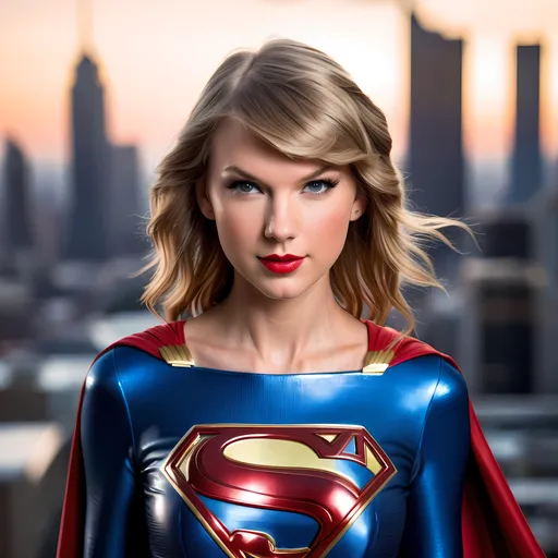 Prompt: photo realistic Taylor Swift as Supergirl, centered in frame, facing camera, symmetrical face, ideal human, 85mm lens,f8, photography, ultra details, natural light, Metropolis City background, photo, Studio lighting