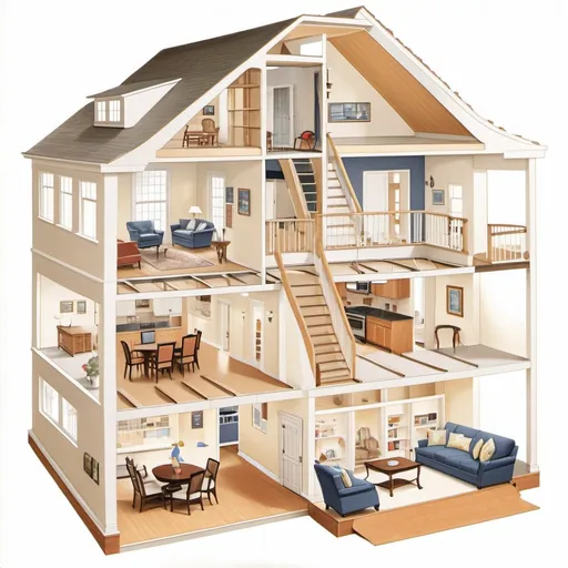 Prompt: Detailed cross-section illustration (Cutaway view) of a two-story Cape Cod house, as if a vertical slice has been removed to expose the interior. Side view perspective. Bright interior with focus on furniture and decor. Include a master suite (bedroom, bathroom, closet), children's room, entertainment space, den, and garage. Architectural style: classic Cape Cod with modern updates. Aim for a balance of realism and illustrative style