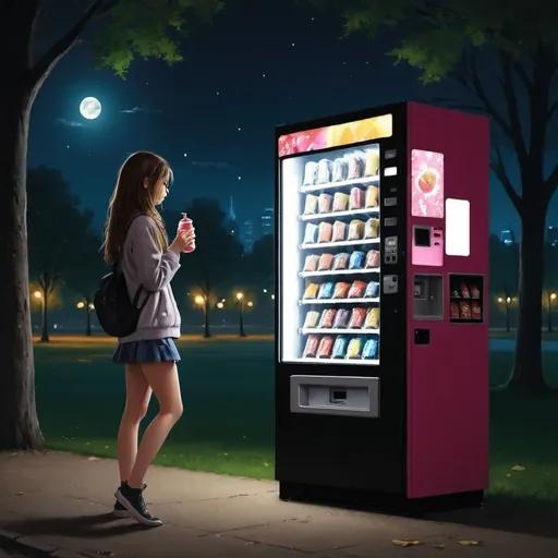 Prompt: A girl in a night, park, vending machine