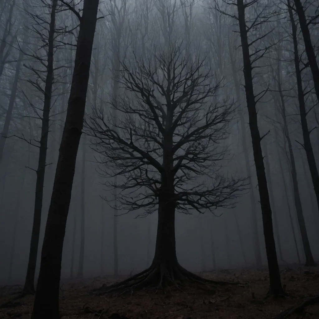 Prompt: tree in the middle of the forest black without leaves There was mist all around and it looked scary.