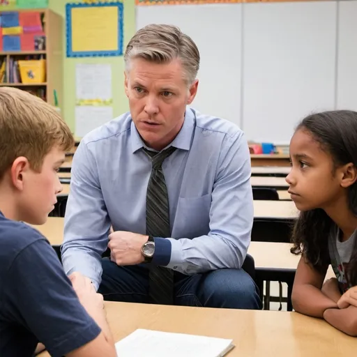 Prompt: white male teacher in a serious conversation sitting down with a 12 year old white male and a 12 year old female of color in a classroom setting

