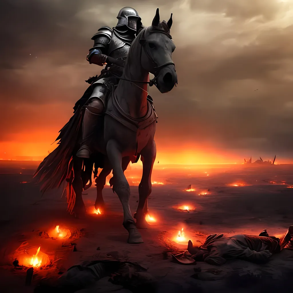 Prompt: Battlefield landscape, desertic, pile of deaths, corpses, skulls, holy white knight riding, ashes of villages, bloody, armored holy knight riding horse, intense atmosphere, realistic detailed scene, dark ambiance, gazing light, highres, ultra-detailed, realistic, red blood, red sun light, intense, atmospheric lighting, medieval, knight, epic, flat terrain, quaint villages, knight horseback riding, battlefield, dark tones