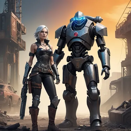 Prompt: Ashe in post-apocalyptic Fallout world, (stylized details), wearing minimal leather armor, showcasing toughness and style, standing confidently, her robot butler beside her, (strong presence)dystopian atmosphere, (vibrant colors, dramatic lighting), ultra-detailed, high-quality image.