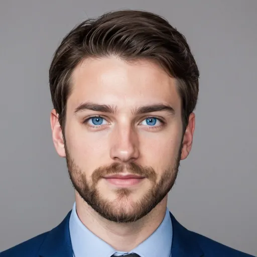 Prompt: A young professional male with brown hair, a beard, and blue eyes wearing a blue suit.
