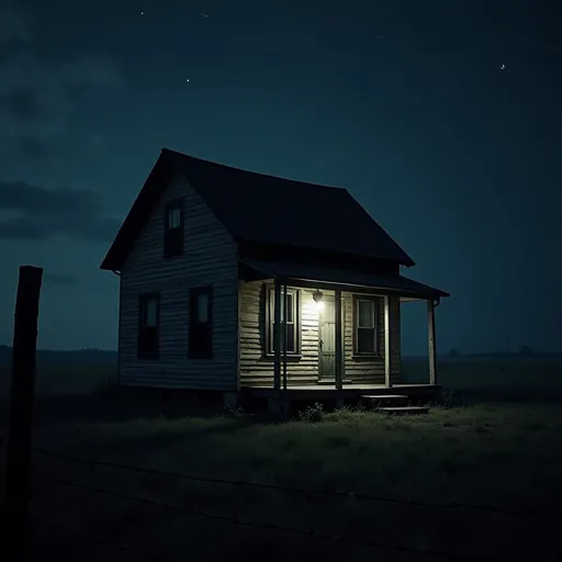 Prompt: An old, clapboard wooden house with a gabled roof at night, isolated in a dark, rural landscape. The porch light is on, casting a bright glow on the porch and steps. Light shines from two vertical windows on the side of the house. Dark, cloudy night sky with a few faint stars. Barbed wire fence post visible in the foreground. Eerie, suspenseful mood. Photorealistic, cinematic lighting. --no text --ar 16:9