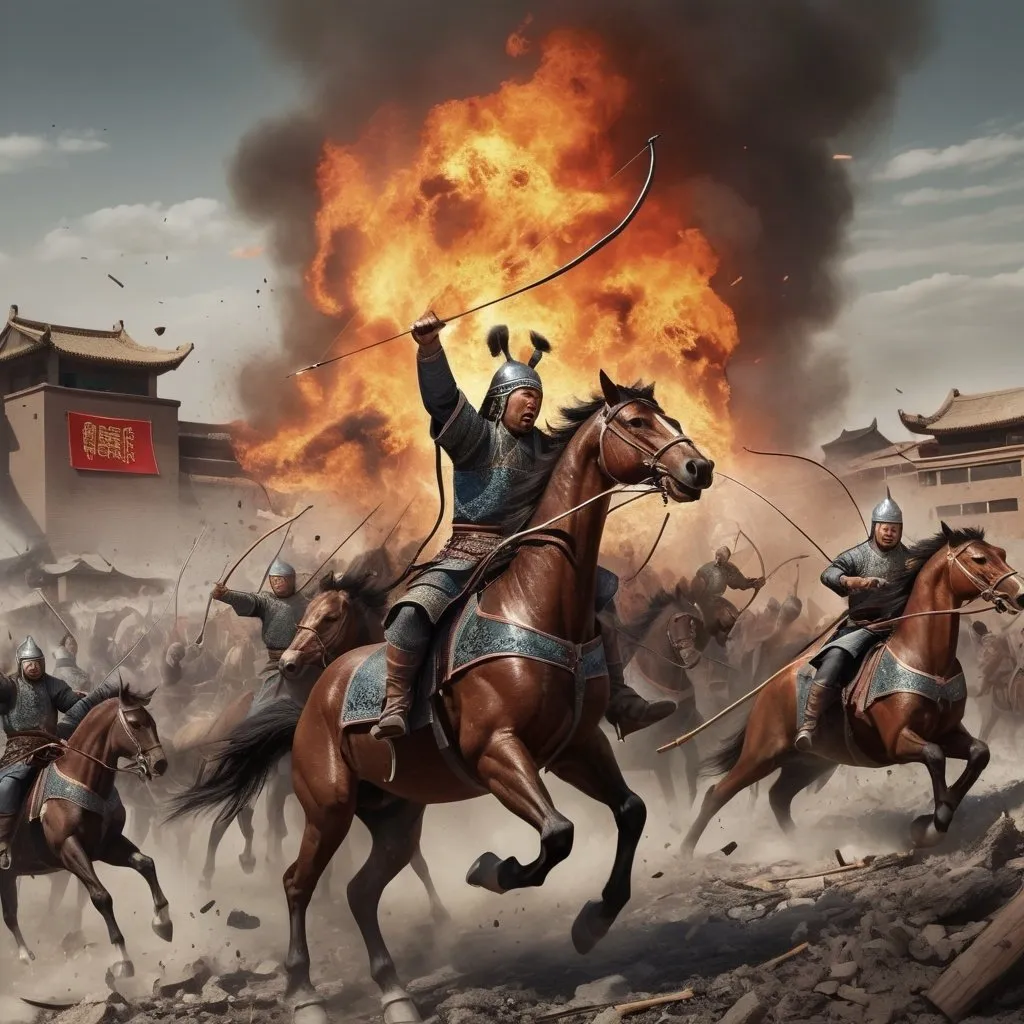 Prompt: Brutal mongols horse archer horde devastating a city, fire and carnage everywhere and make it compelling visually as an album cover 