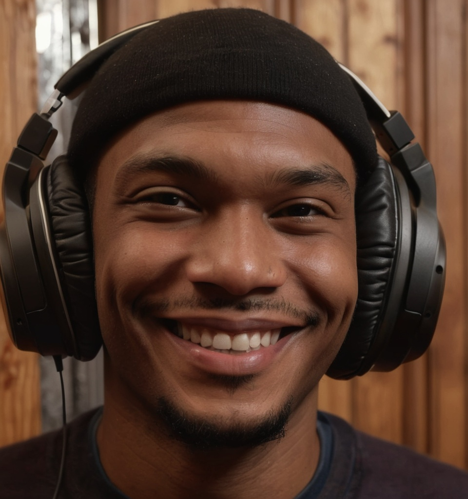 Prompt: a man wearing headphones and smiling for the camera in a room with wood walls and a wooden door, Dom Qwek, harlem renaissance, profile picture, a picture