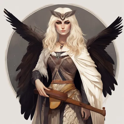 Prompt: a majestic owl woman with light hair and dark feathers. she has a large lute.