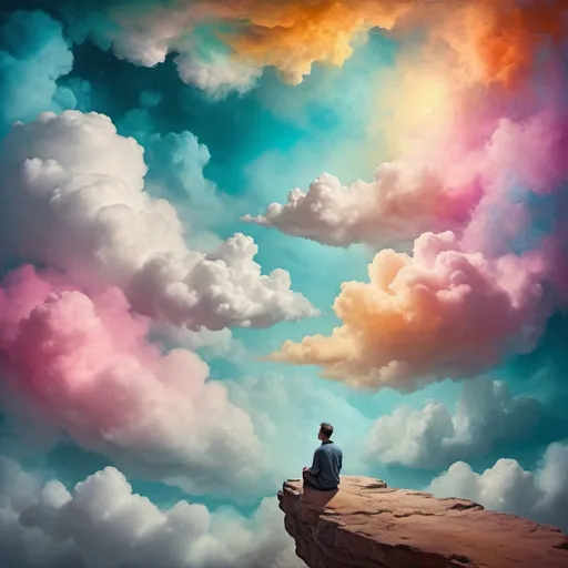 Prompt: Surreal, dreamlike scene of a person in contemplation, vibrant and textured mixed media art, floating clouds and ethereal atmosphere, mystical and surreal vibes, high quality, mixed media art, dreamlike, contemplative, vibrant colors, surreal, textured, surreal lighting