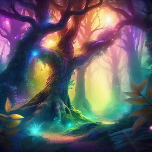 Prompt: Enchanting digital painting of a mystical forest, vibrant and ethereal, magical creatures hidden among the trees, soft and warm lighting, high quality, detailed foliage, dreamy atmosphere, fantasy, digital painting, vibrant colors, mystical creatures, ethereal lighting, enchanted forest, highres, atmospheric lighting