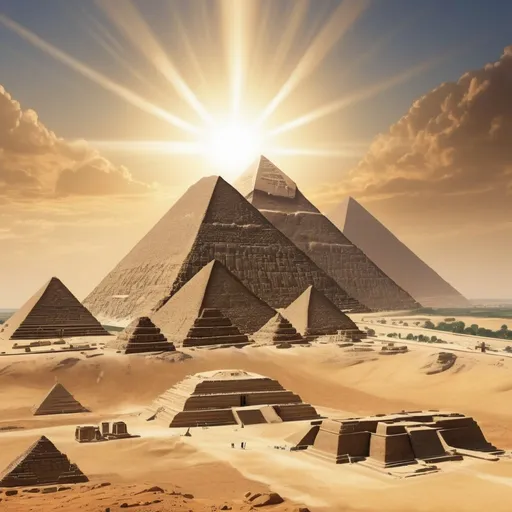 Prompt: Extraterrestrial, Pyramids of Giza, sunny day, unusual sun flash, realistic, detailed, high quality, realism, alien features, ancient architecture, intense sunlight, otherworldly, majestic, distant traveler, monumental, intricate details, bright and warm lighting, professional, clear and vibrant visuals