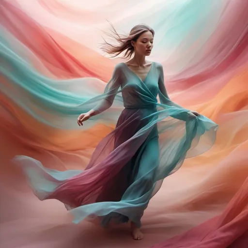 Prompt: Ethereal digital painting of a figure fleeing through a dreamlike landscape, surreal color palette, flowing and translucent fabrics, emotional turmoil, abstract expressionism, high quality, ethereal, digital painting, surreal, flowing fabrics, emotional turmoil, abstract, dreamlike, translucent, vibrant colors, atmospheric lighting