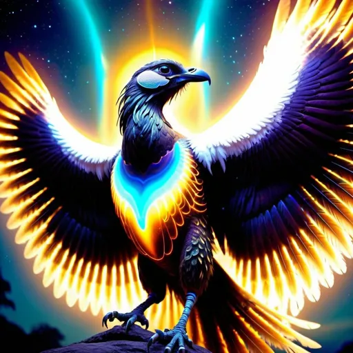 Prompt: Giant bird-like energy beings, intricate feathers, mystical glow, enlightening presence, high quality, otherworldly, majestic, ethereal, detailed features, vibrant colors, spiritual, breathtaking lighting, earth contact, mystical, enigmatic, mysterious, powerful, wisdom, ancient, energy density, giant birds, beautiful, evolution, cosmic, contact, futuristic, earth, ethereal, wings, enlightenment, transcendent, surreal, high energy, breathtaking, spiritually uplifting, radiant, awe-inspiring, Ra