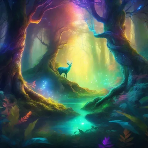 Prompt: Enchanting digital painting of a mystical forest, vibrant and ethereal, magical creatures hidden among the trees, soft and warm lighting, high quality, detailed foliage, dreamy atmosphere, fantasy, digital painting, vibrant colors, mystical creatures, ethereal lighting, enchanted forest, highres, atmospheric lighting